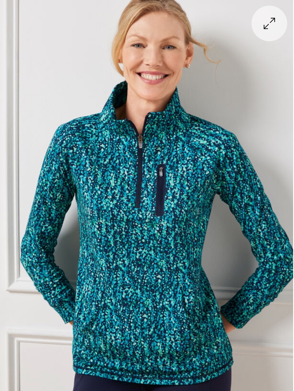 Talbots Teal & Navy Patterned Quarter-Zip Pullover